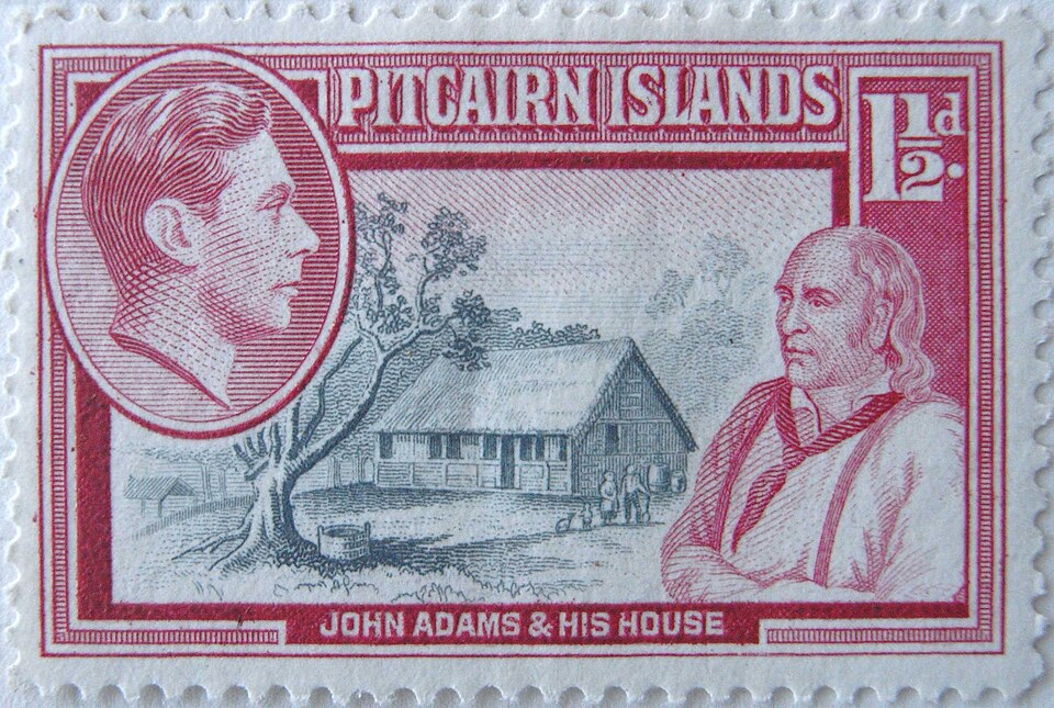 Stamp commemorating the bicentenary of the HMS Bounty mutiny with portraits and scenes