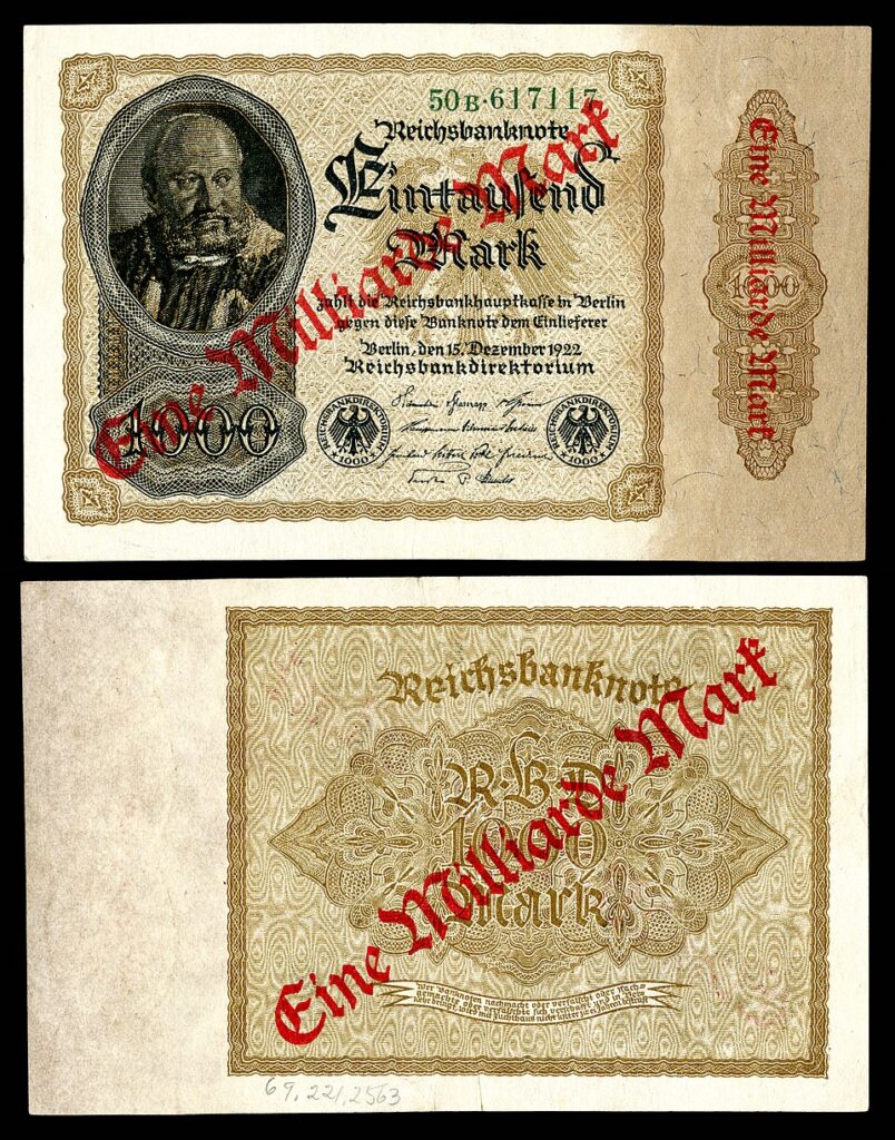 The 1923 one billion mark postage stamp from Weimar Republic hyperinflation